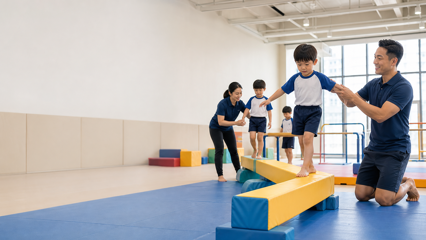 Coaches guiding children in a bright indoor movement studio